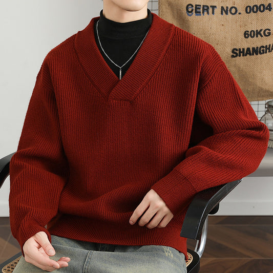 New V-neck Fashion Men's Solid Color Coarse Yarn Knitted Sweater