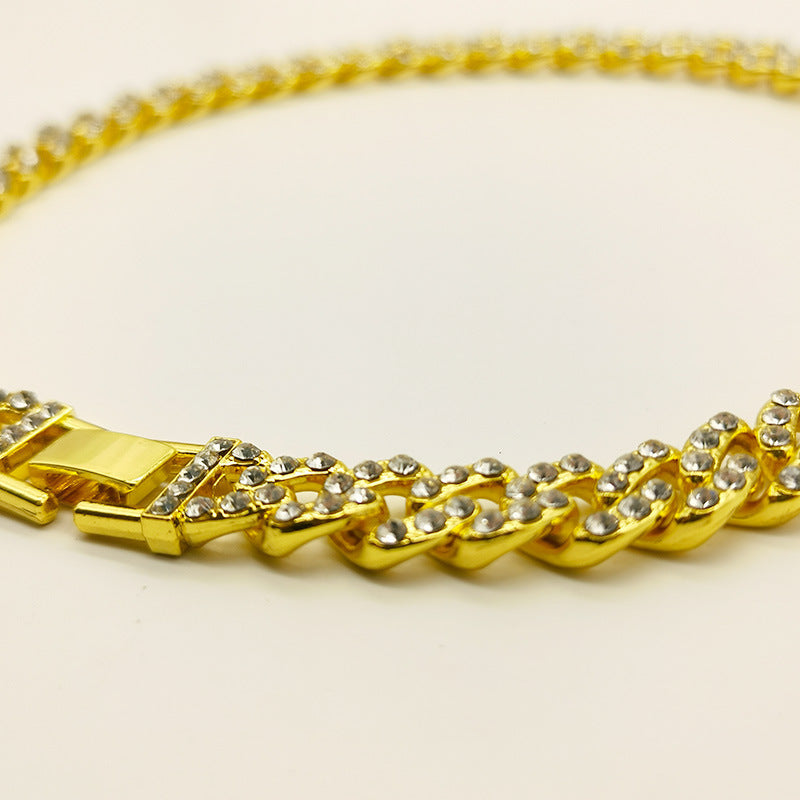 12mm Wide Single Row Simple Alloy With Diamond Cuban Link Chain