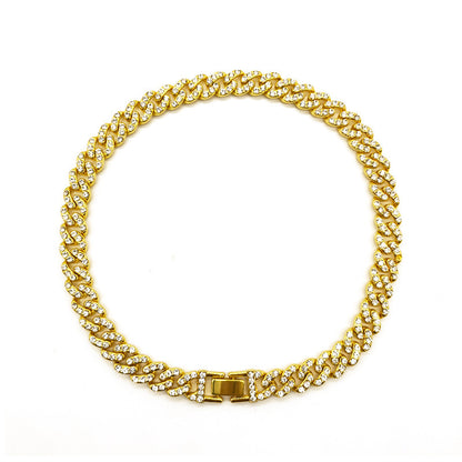 12mm Wide Single Row Simple Alloy With Diamond Cuban Link Chain