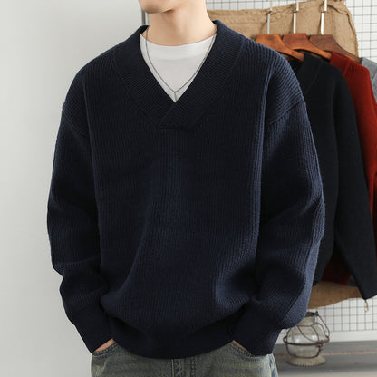 New V-neck Fashion Men's Solid Color Coarse Yarn Knitted Sweater