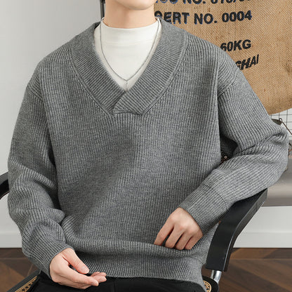 New V-neck Fashion Men's Solid Color Coarse Yarn Knitted Sweater