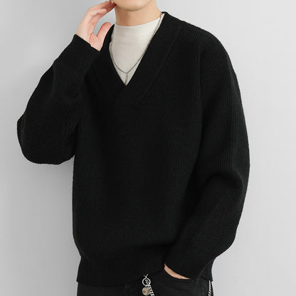 New V-neck Fashion Men's Solid Color Coarse Yarn Knitted Sweater