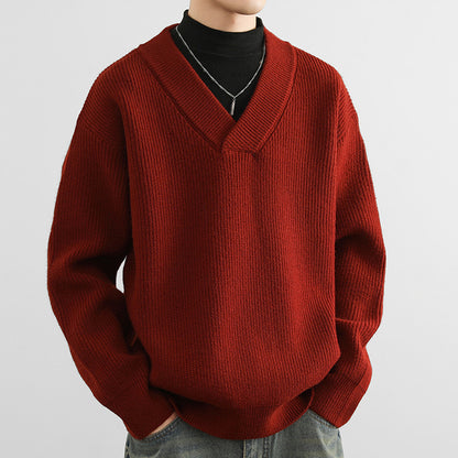 New V-neck Fashion Men's Solid Color Coarse Yarn Knitted Sweater