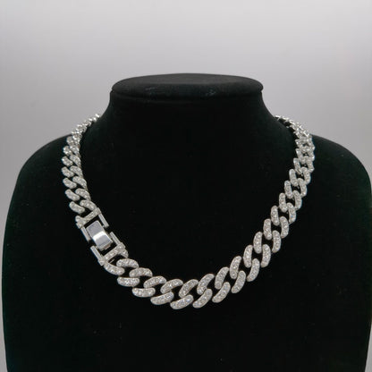 12mm Wide Single Row Simple Alloy With Diamond Cuban Link Chain