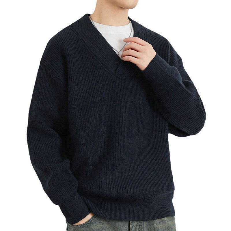 New V-neck Fashion Men's Solid Color Coarse Yarn Knitted Sweater